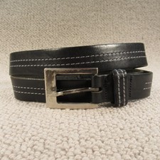 Leather Belt Size 36 Large Black Solid Stitched Skinny Vintage Patina