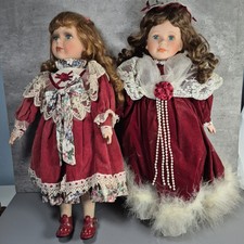 Porcelain Dolls Vintage Leonardo Collection  16 Inch 2 X Red Velvet Dresses