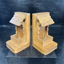 Unusual Vintage Pair Of Hand Made Wooden Book Ends Of Wishing Wells 6” High