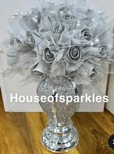 CRUSHED DIAMOND SILVER CRYSTAL VASE WITH GREY ROSEY FLOWERS ✨
