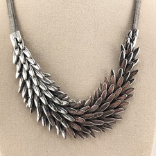 Leaf Link Necklace Scales Feathers Silver Tone Chunky Boho Autumn Fall Collar