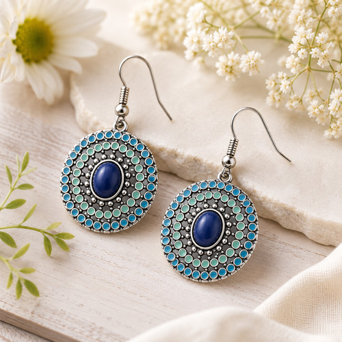 Round boho drop earrings blue - round,