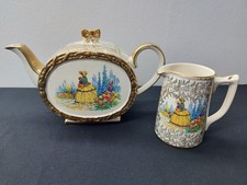 Vintage Sadler Teapot for Two + Milk Jug. Pattern - Crinoline Lady & Hollyhocks