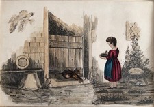 Antique 19thC Watercolour – Girl Feeding a Cat by Cottage Door – English School