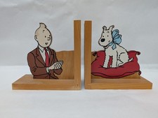 Wooden Tintin & Snowy Bookends 1993 Rare Painted 15x15cm Vintage Used Cond ##