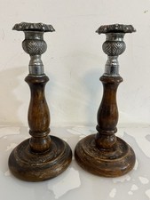 Vintage Candlestick Crome and Wooden Stem Pair of Candle Holder 8.5" Tall