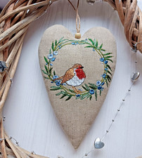 Embroidered Robin Wreath Heart Hanging Christmas Decoration Pure Linen, Handmade