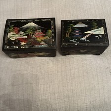 Japanese Vintage Black Lacquered Hand Painted Musical Jewellery Boxes Set of 2