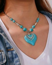 Heart Turquoise Charm Necklace Tibetan Silver Women's Boho Jewelry UK Seller