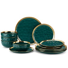 LOVECASA 12-Piece Gold Rim Bowl & Plate Set Porcelain Dinnerware Set Dark Green