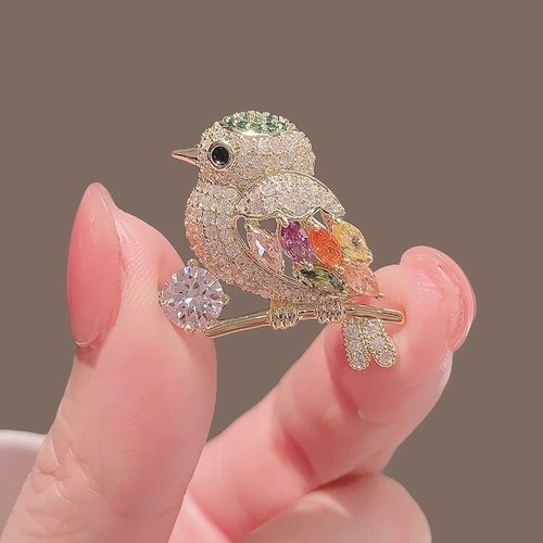 Crystal coloured bird brooch - coloured,