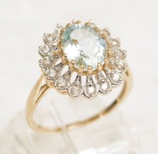 9ct Yellow Gold Ring With Large 2.37 Carat Natural Aquamarine With Halo Sz R1/2