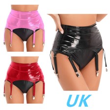 UK Womens Sexy PVC Leather High Waist Skirts with Garters Belt Metal Clips Club