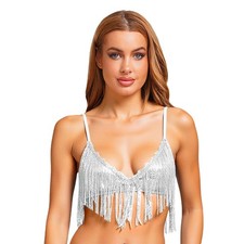 Women Belly Dance Bra Top Sequin Fringe No-pad Wireless Bralette Music Festival