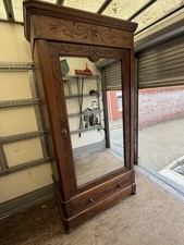 Antique French Country Oak Single Mirror Door Armoire For Restoration/ Painting