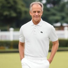 Mens Lawn Bowls Logo Polo Shirt 3 Button Placket Taped Neckline White Sports Top