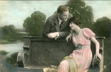 Romantic couple bench lake