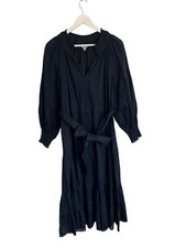 Jigsaw Navy Blue Dress Cotton Long Sleeve Midi Belted Size 12 Designer
