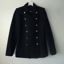 Zara Ladies Black Short Wool Blend Military Coat Jacket Size M Medium 10