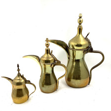 Vintage Islamic Middle Eastern Coffee Pots x3 Dallah Brass Teapot Signed Mark