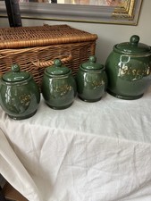 Vintage Tea Sugar Coffee Biscuits Jars SSI Taiwan  Ceramic Green Gold Trim 1997