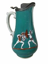 Prattware Greek Revival Ceramic Pitcher with Tin Plate Lid 8.75" Tall