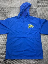 Champion Blue Windbreaker Jacket S – Yellow Wolf Crest, Half Zip, Hooded