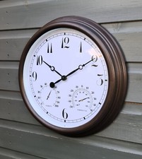 Garden Station Wall Clock with Thermometer Indoor Outdoor Arabic 38cm  Brown