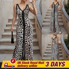 Womens Sleeveless Maxi Dress Leopard Print V Neck Slit Button Sexy Long Dress