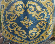 Rug Vintage 60's Latch Hook Round MCM Hooky Large Circular Blue Yellow Wool 58''