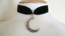 Black Velvet Large Moon Choker Gothic Necklace, Pick your neck size