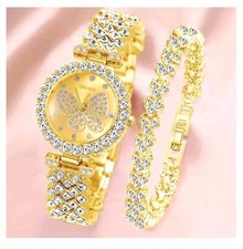 Watch Gift Set for Women Ladies Gold Watch and Bracelet Rhinestone Butterfly Set