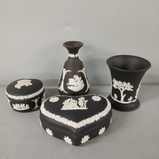 Wedgwood Black Jasperware Bundle 2 x Vase & 2 x Lidded Trinket Dishes -CP