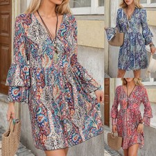 Women Boho Floral V Neck Mini