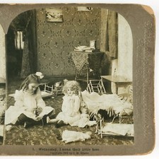 Edwardian Girl Mending Socks Stereoview c1902 Child & Dolls At Play Photo B2525