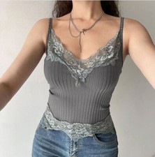 Women Lace Trim V-Neck Crop Top Summer Sleeveless Ribbed Cami Vest Tops Clubwear