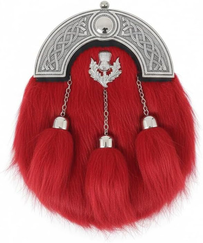 Leather red fur sporran with - leather,