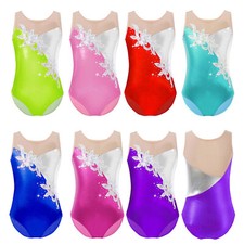 UK Girls Gymnastic Ballet Dance Leotard Unitard Mesh Splice Embroidery Jumpsuit 