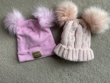 2 Baby Girl Pink Pompom Winter Hats 17 cm