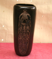 FACETT, GUSTAVSBERG, SVEN JONSSON, SWEDISH VASE, METAL OVERLAY, FISHERMAN, 1970S