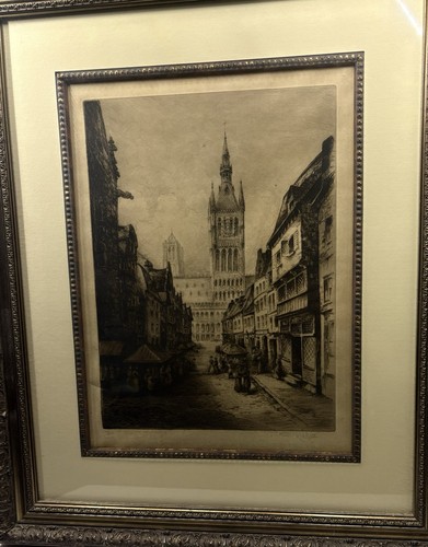 Framed etching titled rue de - framed,