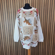 Handmade Jumper Womens XL Open Knit Cream Brown Patchwork