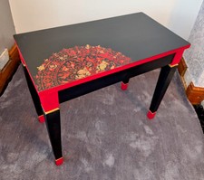 Statement Black & Red Side Table, Gold Mandala Detail, Upcycled Accent Piece
