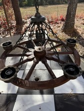 Vintage Western Wagon Wheel Chandelier 24”Bulb Light Fixture 4 Globes/Glass