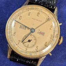 Vintage Movado Triple Date Calendar Watch 14K Gold 1940s Manual Wind Running