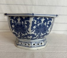 Vintage Chinese Blue & White Hand Painted Porcelain Planter 