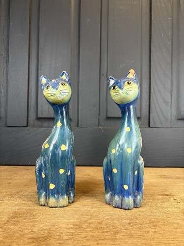 Pottery folk art cat figurines - pottery,