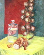 VINTAGE MID CENTURY BRITISH MODERNIST STILL LIFE OIL PAINTING - GARLIC BRAIDS