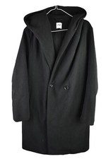 Zara Womans Black Long Button Overcoat Parka Size M Hooded Double Breast