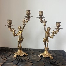 Pair Vintage French solid brass putti candlestick holders cherub candelabra